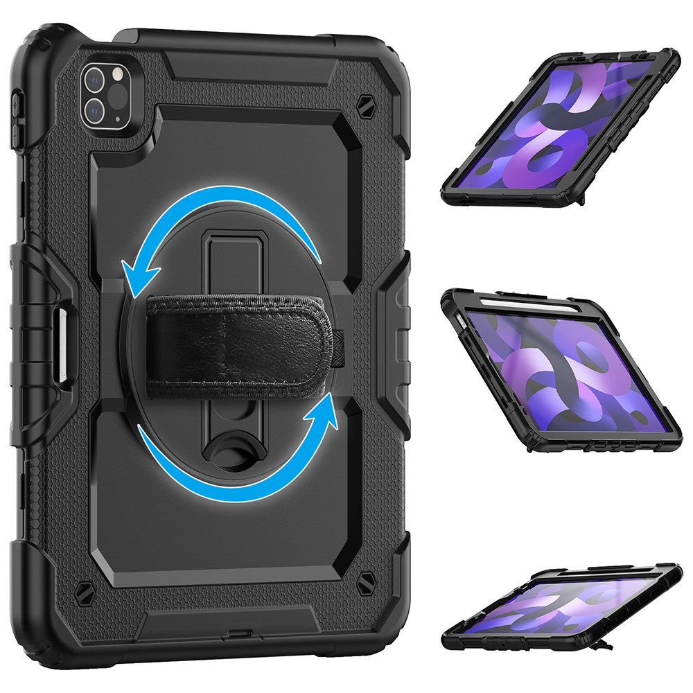 For iPad Shockproof Protective Case Stand with Screen Protector Shoulder Strap Black