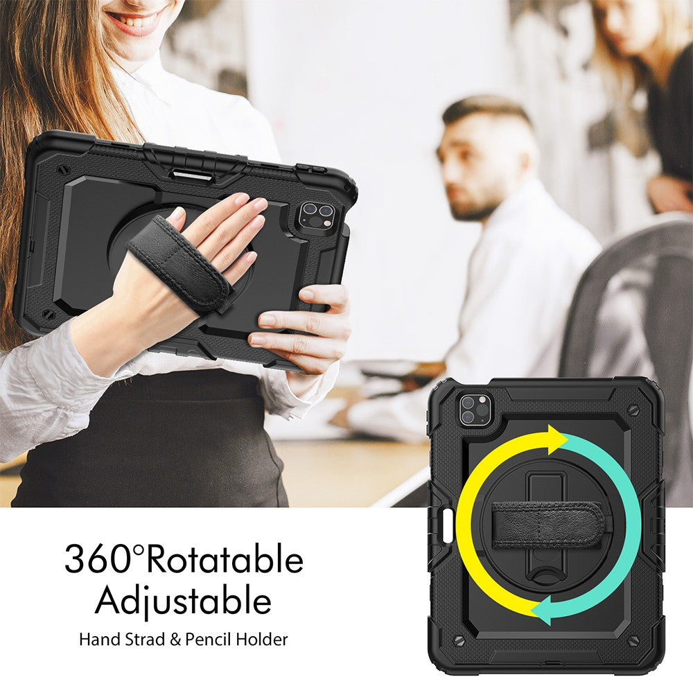 For iPad Shockproof Protective Case Stand with Screen Protector Shoulder Strap Black