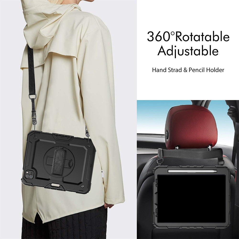 For iPad Shockproof Protective Case Stand with Screen Protector Shoulder Strap Black