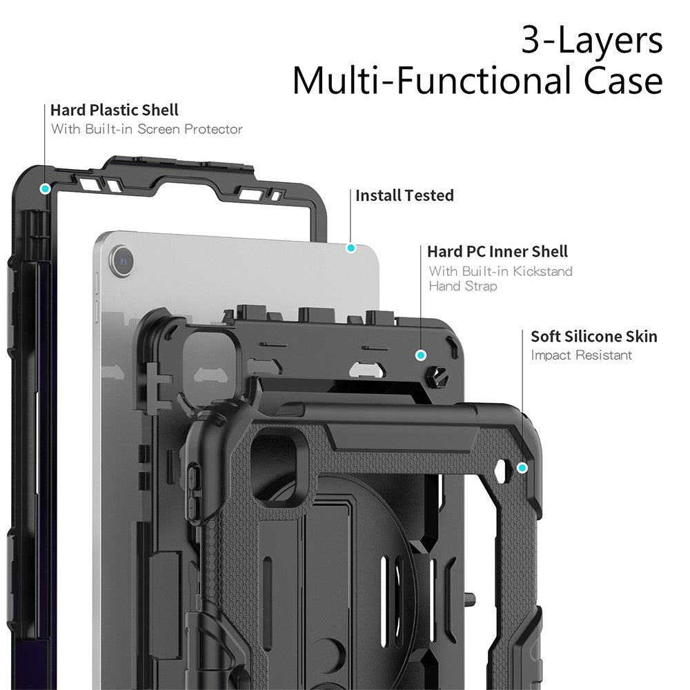 For iPad Shockproof Protective Case Stand with Screen Protector Shoulder Strap Black