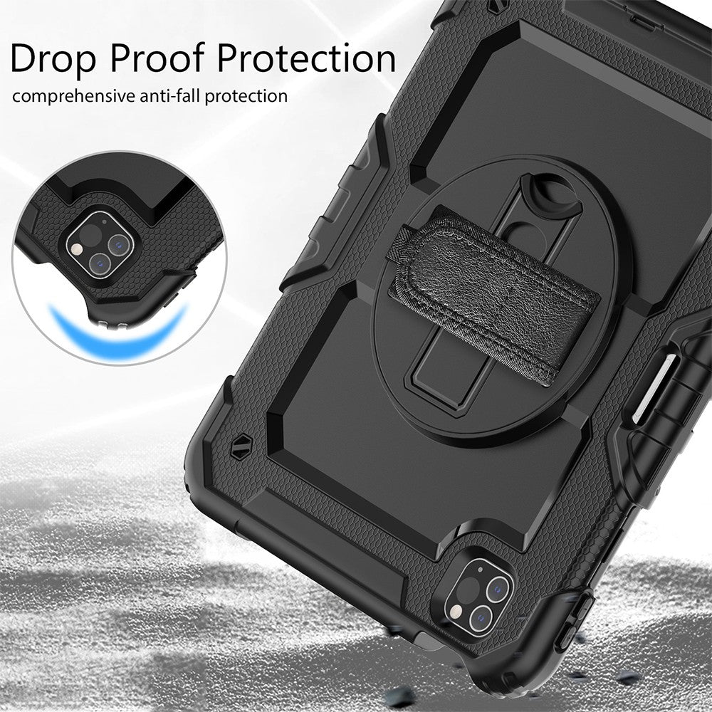 For iPad Shockproof Protective Case Stand with Screen Protector Shoulder Strap Black