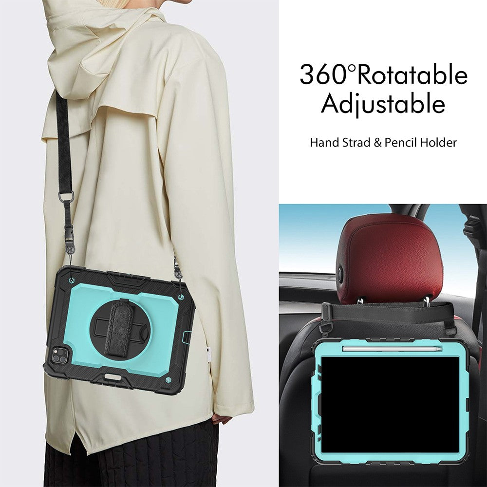 For iPad Shockproof Protective Case Stand with Screen Protector Shoulder Strap Blue