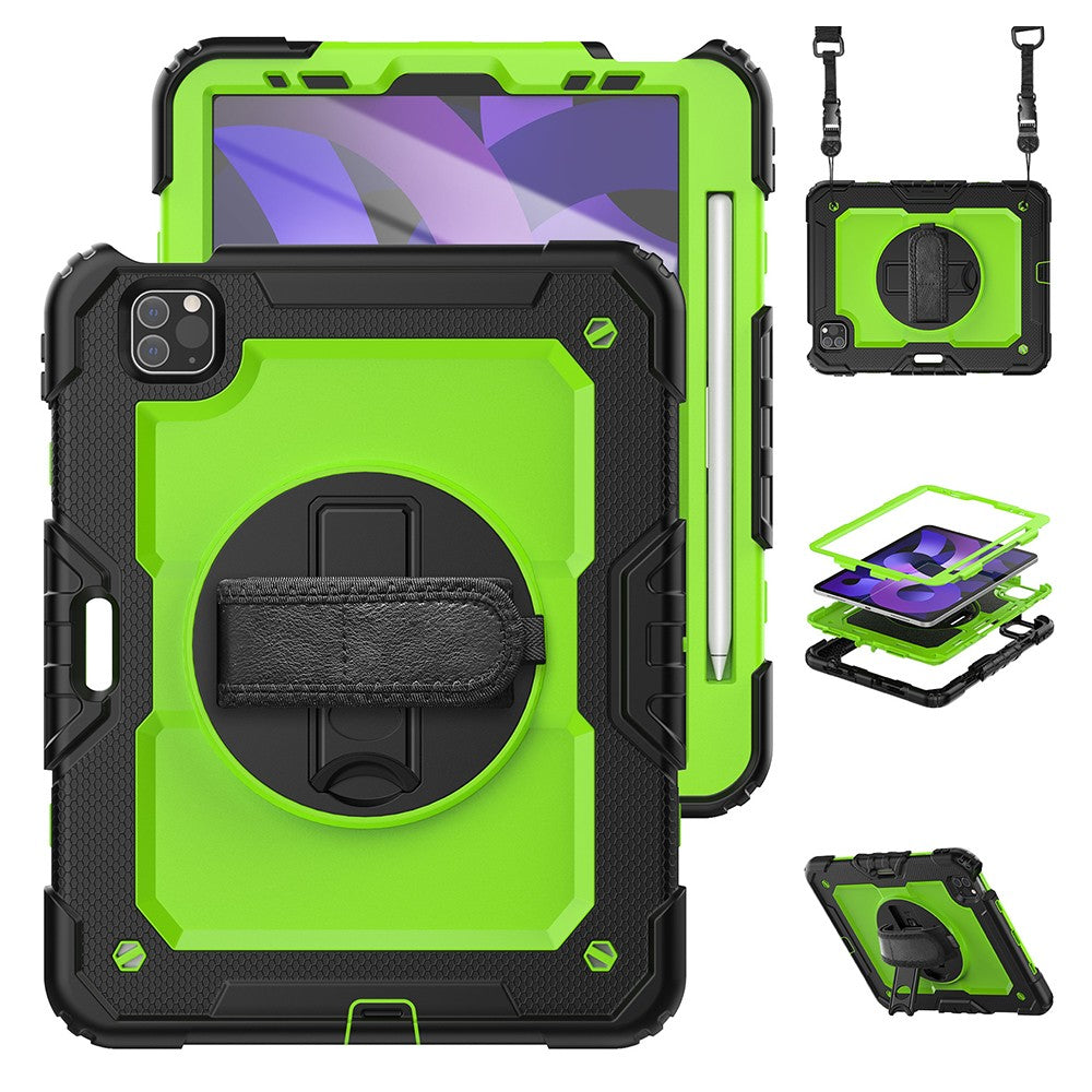 For iPad Shockproof Protective Case Stand with Screen Protector Shoulder Strap Green