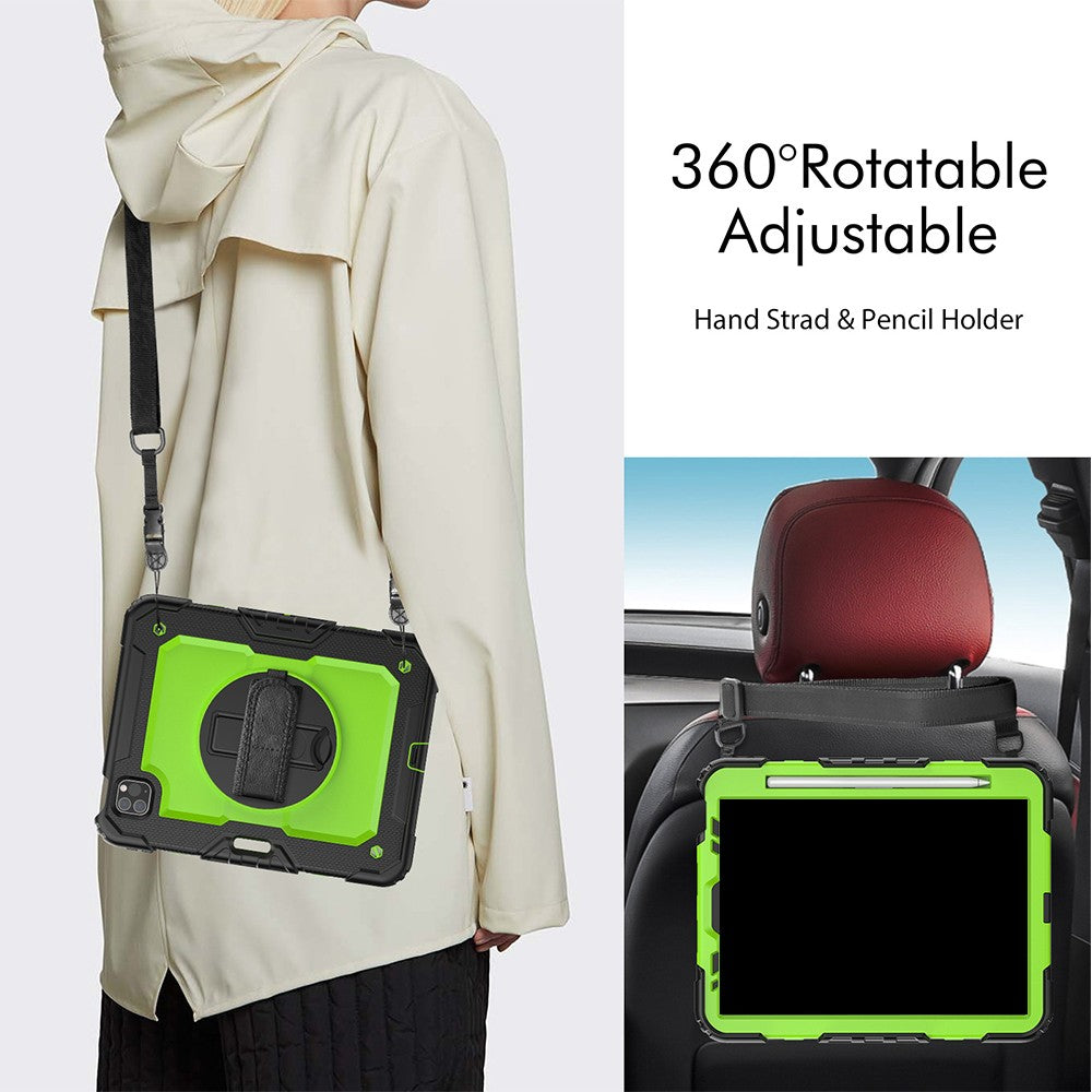 For iPad Shockproof Protective Case Stand with Screen Protector Shoulder Strap Green