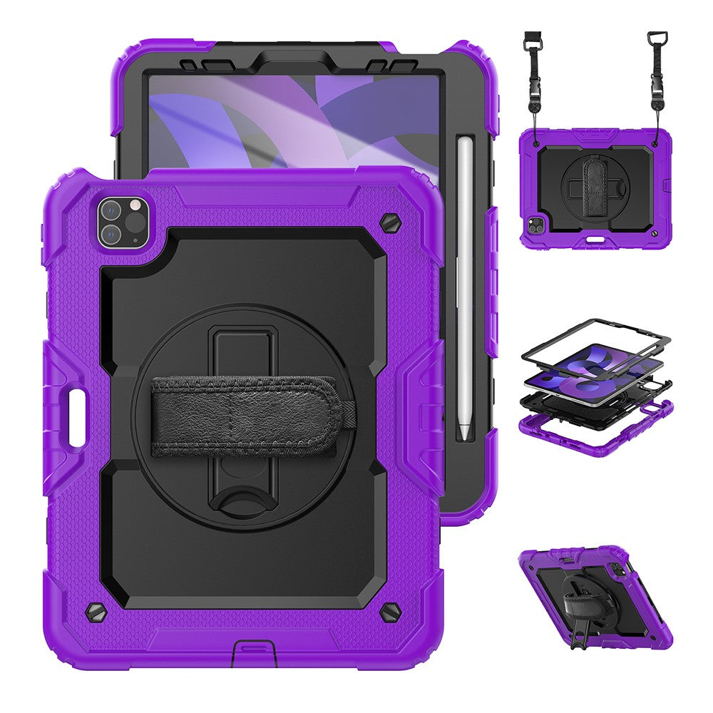 For iPad Shockproof Protective Case Stand with Screen Protector Shoulder Strap Purple