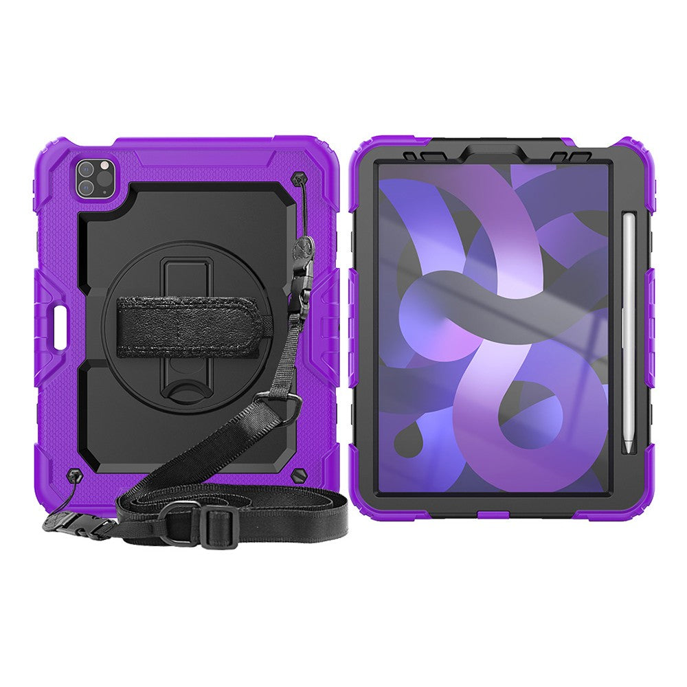For iPad Shockproof Protective Case Stand with Screen Protector Shoulder Strap Purple