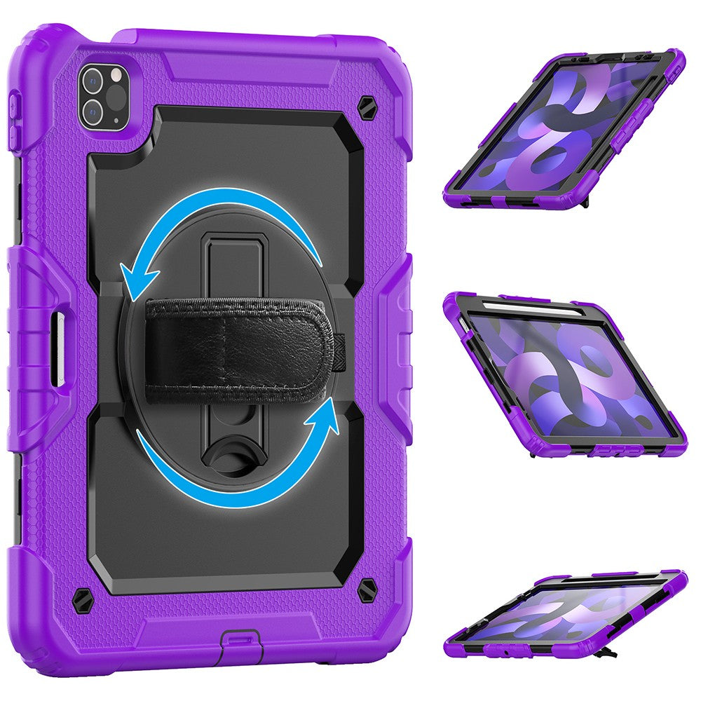 For iPad Shockproof Protective Case Stand with Screen Protector Shoulder Strap Purple