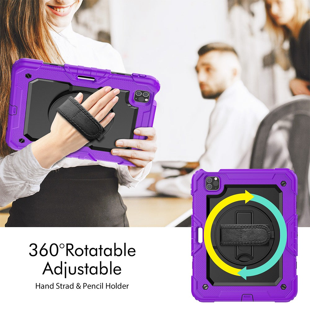 For iPad Shockproof Protective Case Stand with Screen Protector Shoulder Strap Purple