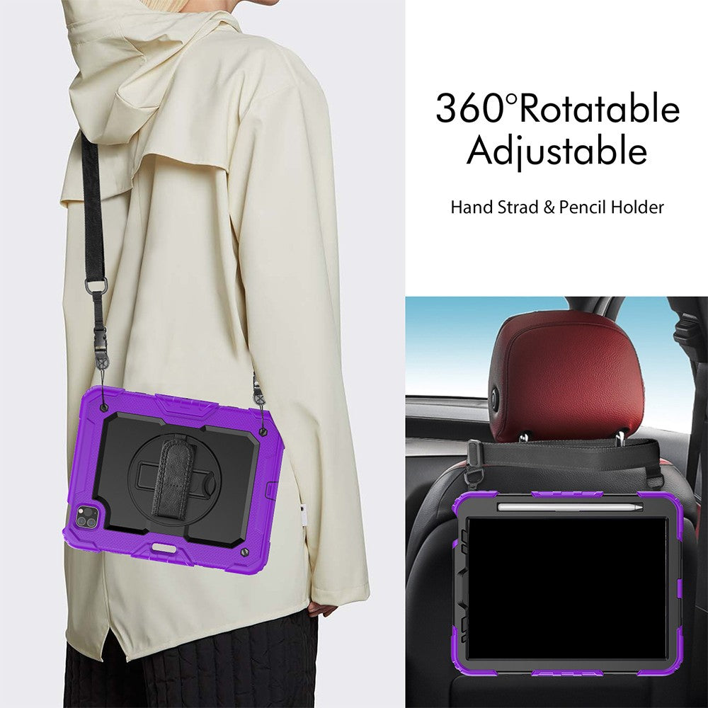 For iPad Shockproof Protective Case Stand with Screen Protector Shoulder Strap Purple