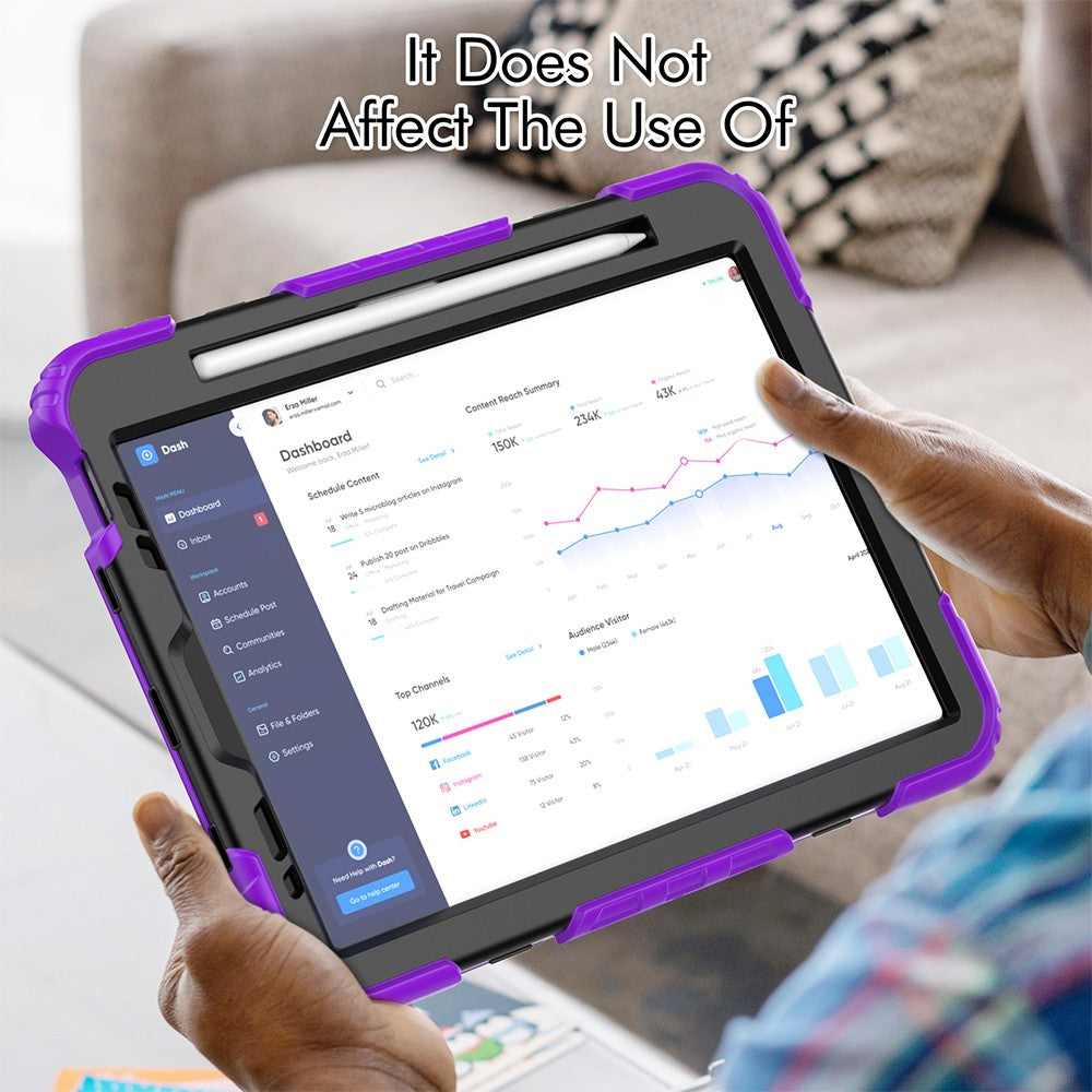 For iPad Shockproof Protective Case Stand with Screen Protector Shoulder Strap Purple