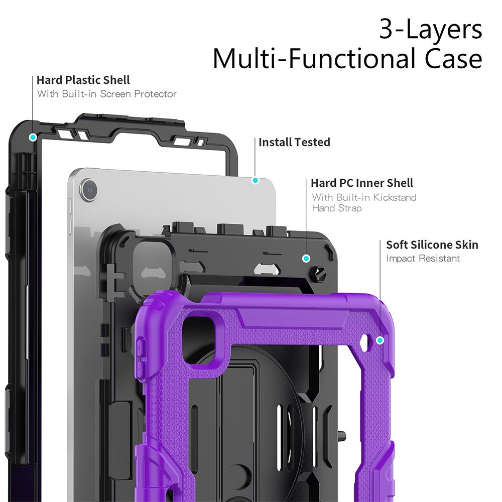 For iPad Shockproof Protective Case Stand with Screen Protector Shoulder Strap Purple
