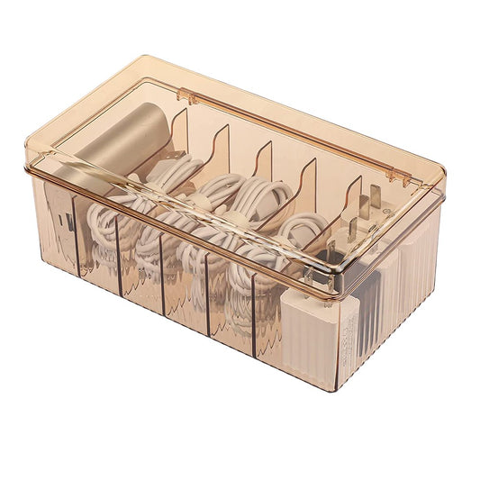 6 Compartments Data Cable Management Box Brown Power Cord Organizer Box Charger Storage Box with Lid