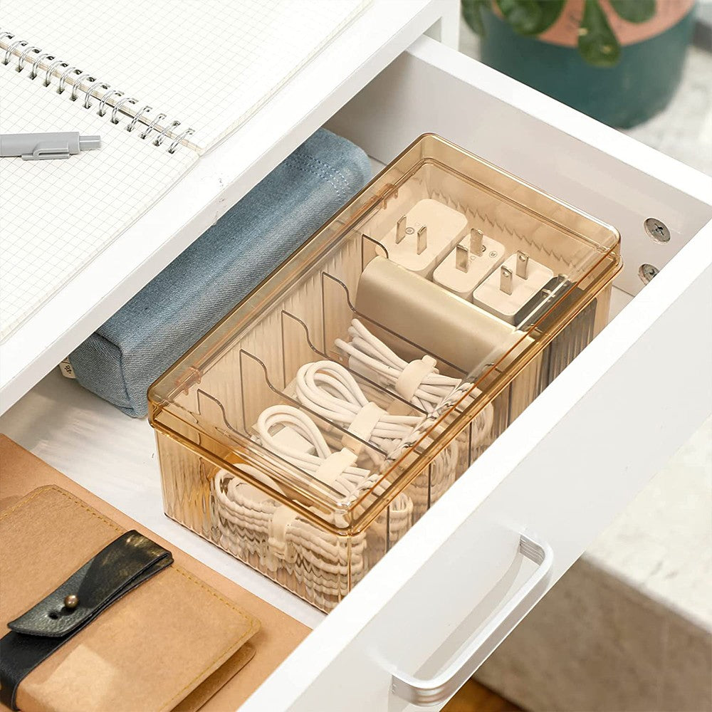 6 Compartments Data Cable Management Box Brown Power Cord Organizer Box Charger Storage Box with Lid