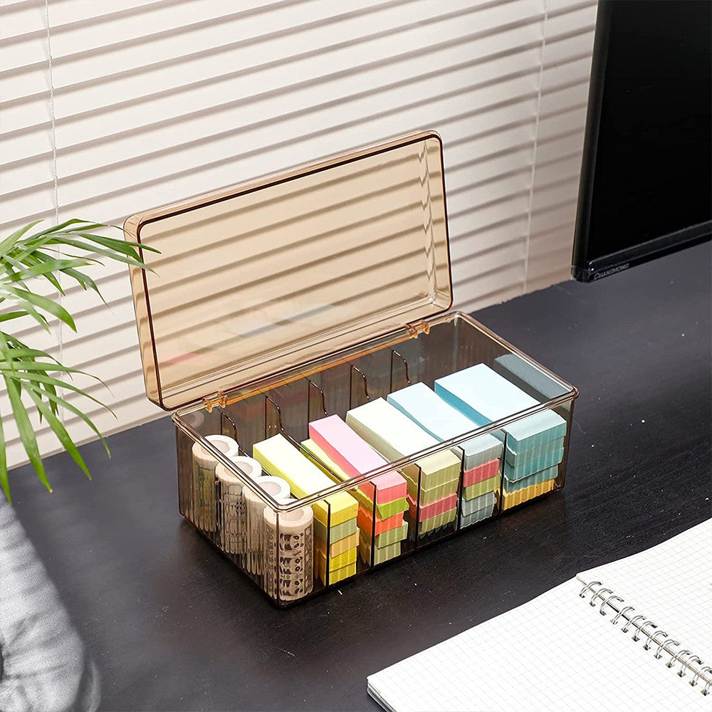 6 Compartments Data Cable Management Box Brown Power Cord Organizer Box Charger Storage Box with Lid
