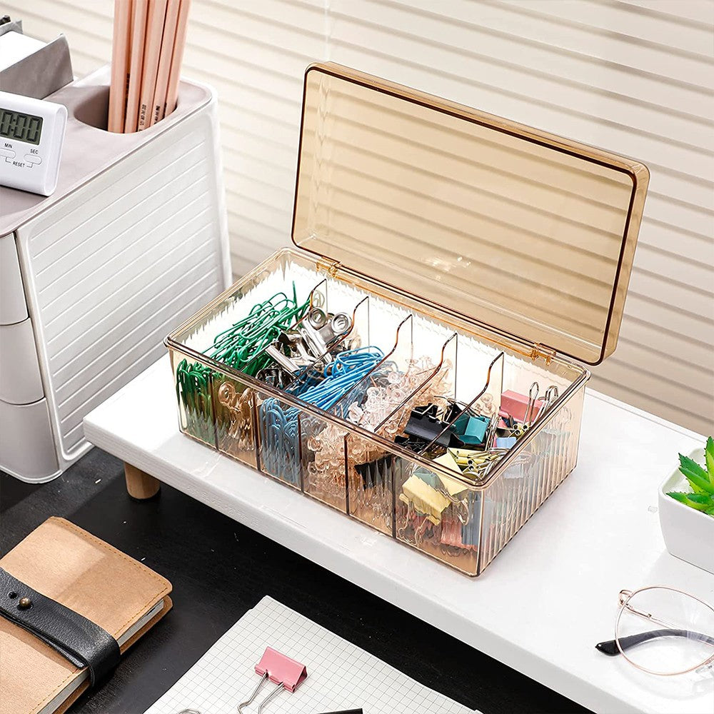 6 Compartments Data Cable Management Box Brown Power Cord Organizer Box Charger Storage Box with Lid