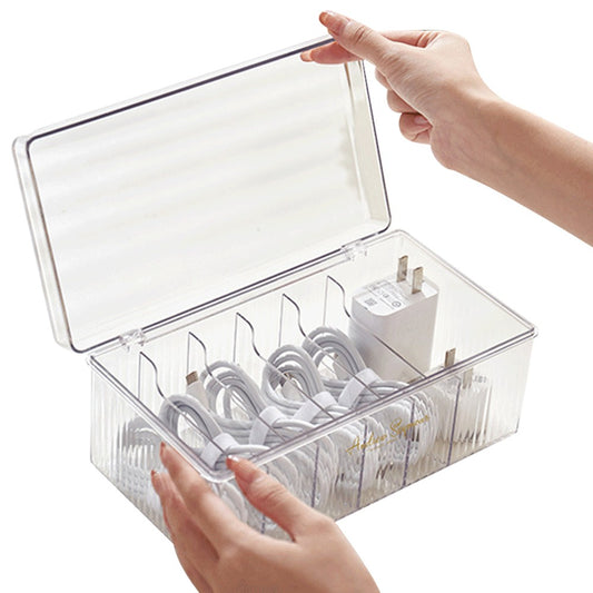 6 Compartments Data Cable Management Box Clear Power Cord Organizer Box Charger Storage Box with Lid