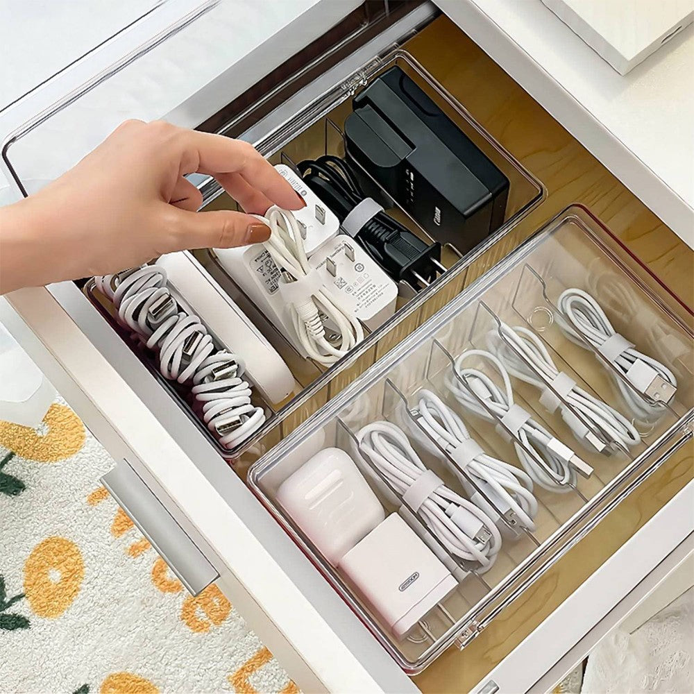 6 Compartments Data Cable Management Box Clear Power Cord Organizer Box Charger Storage Box with Lid