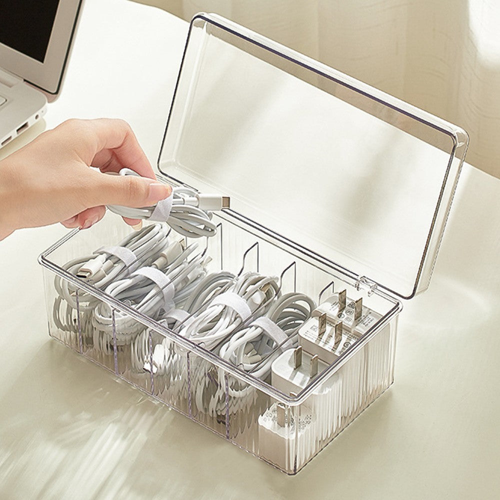 6 Compartments Data Cable Management Box Clear Power Cord Organizer Box Charger Storage Box with Lid