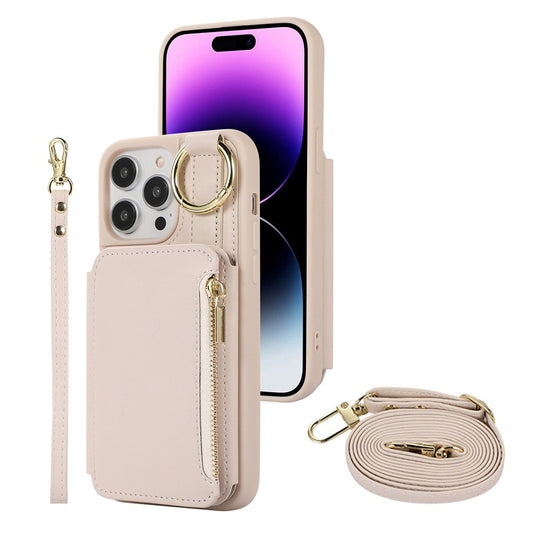 For iPhone 14 Promax PU Leather Phone Case Crossbody Phone Cover Wallet Purse with RFID Blocking Card Holder Beige