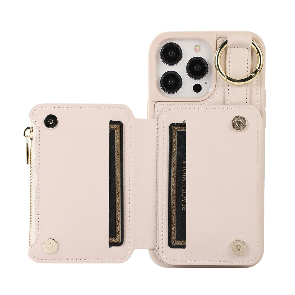 For iPhone 14 Promax PU Leather Phone Case Crossbody Phone Cover Wallet Purse with RFID Blocking Card Holder Beige