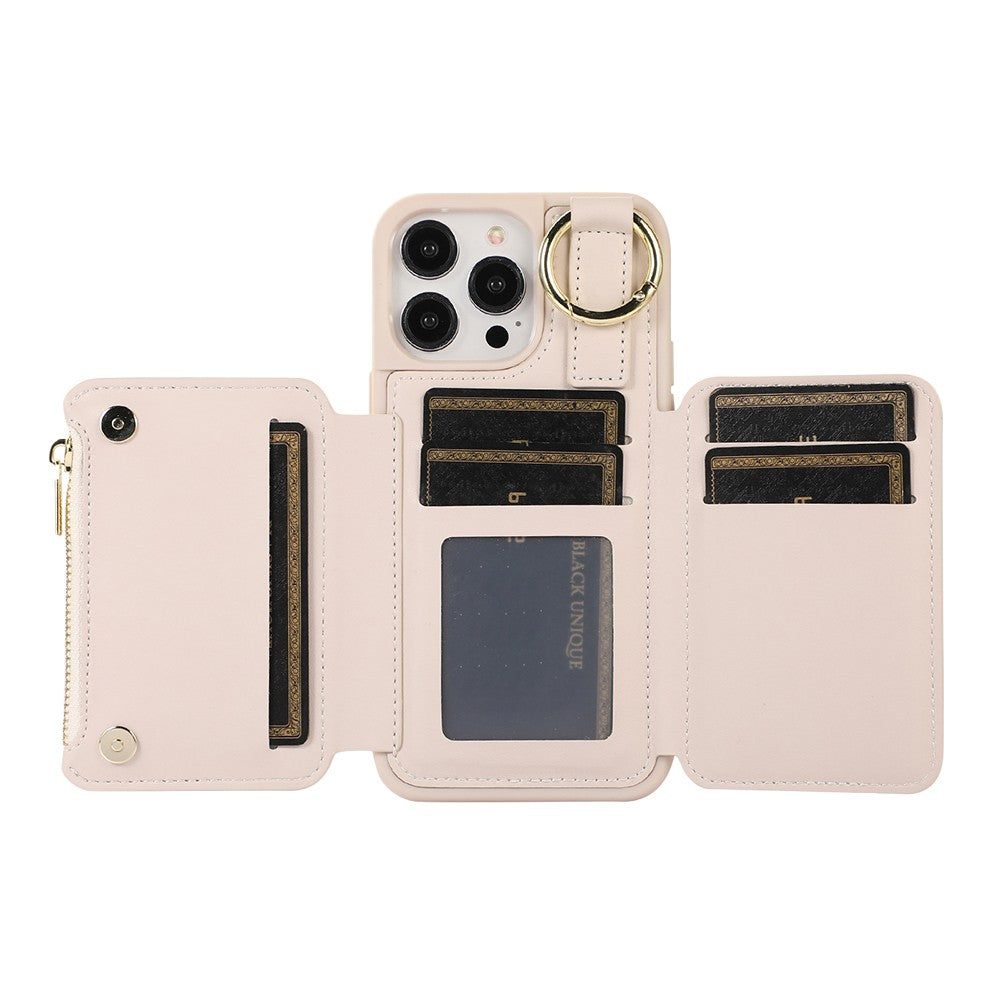 For iPhone 14 PU Leather Phone Case Crossbody Phone Cover Wallet Purse with RFID Blocking Card Holder Beige
