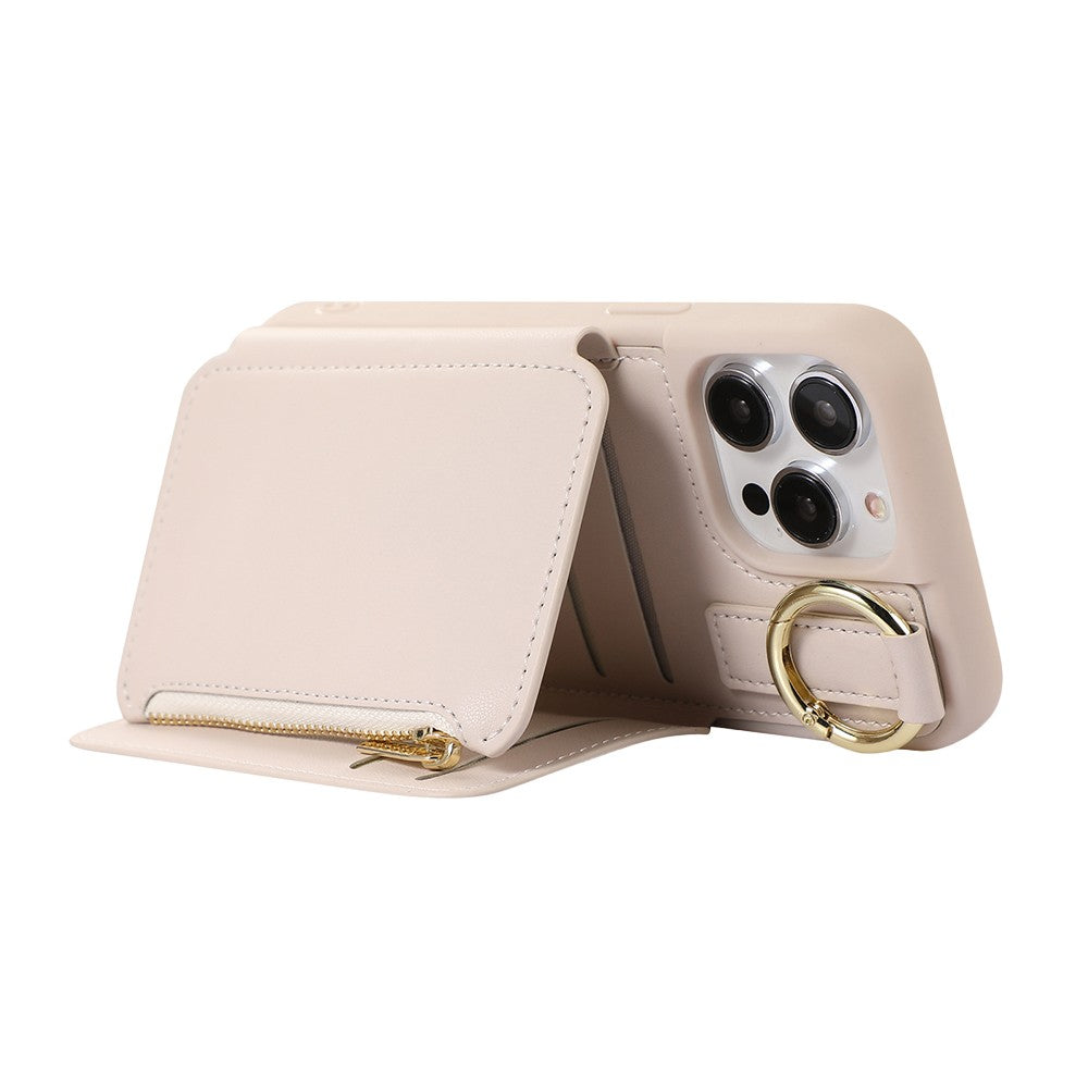 For iPhone 14 Pro PU Leather Phone Case Crossbody Phone Cover Wallet Purse with RFID Blocking Card Holder Beige