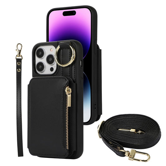 For iPhone 14 PU Leather Phone Case Crossbody Phone Cover Wallet Purse with RFID Blocking Card Holder Black