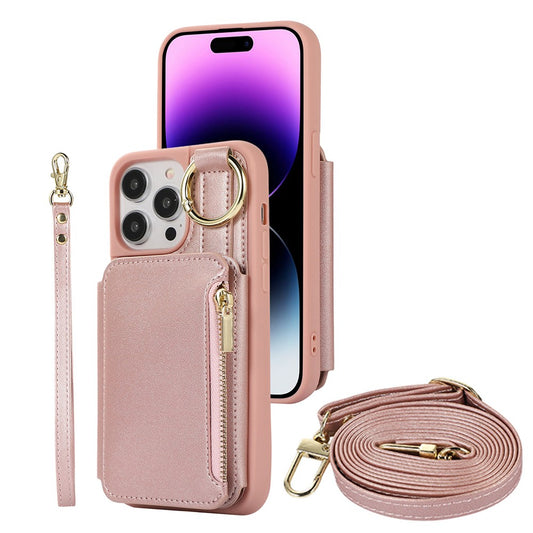 For iPhone 14 Pro PU Leather Phone Case Crossbody Phone Cover Wallet Purse with RFID Blocking Card Holder Rose Gold
