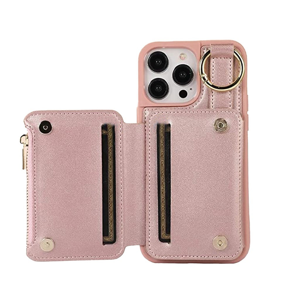 For iPhone 14 PU Leather Phone Case Crossbody Phone Cover Wallet Purse with RFID Blocking Card Holder Rose Gold