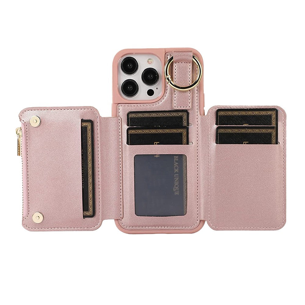 For iPhone 14 PU Leather Phone Case Crossbody Phone Cover Wallet Purse with RFID Blocking Card Holder Rose Gold