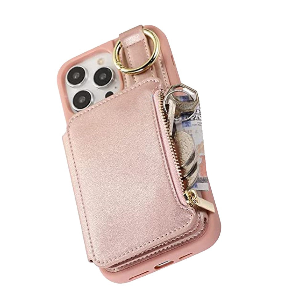 For iPhone 14 Promax PU Leather Phone Case Crossbody Phone Cover Wallet Purse with RFID Blocking Card Holder Rose Gold