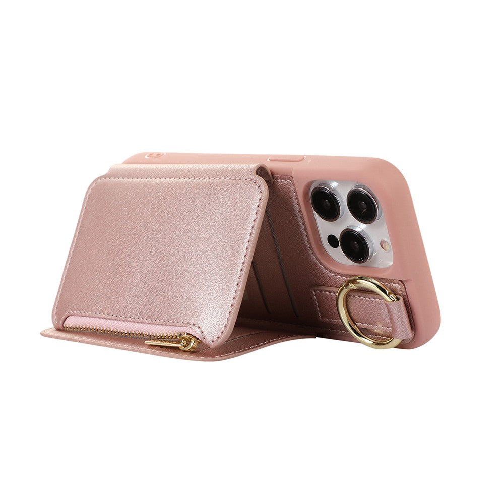 For iPhone 14 Pro PU Leather Phone Case Crossbody Phone Cover Wallet Purse with RFID Blocking Card Holder Rose Gold