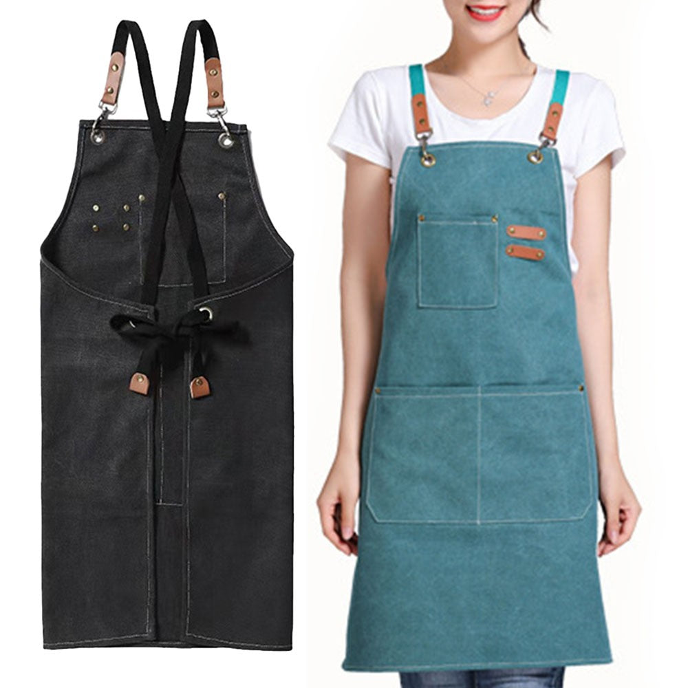 2 X Cotton Aprons Kitchen Cooking Apron Gardening Apron with Pockets Black and Turquoise