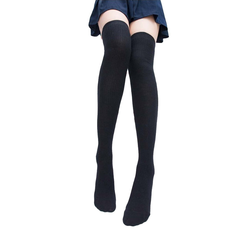 2 Pairs of 55cm Solid Over the Knee Knitted Socks Winter Long Socks Black and White