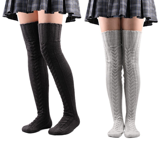 2 Pairs of 75cm Solid Over the Knee Knitted Socks Winter Long Socks Black and Grey
