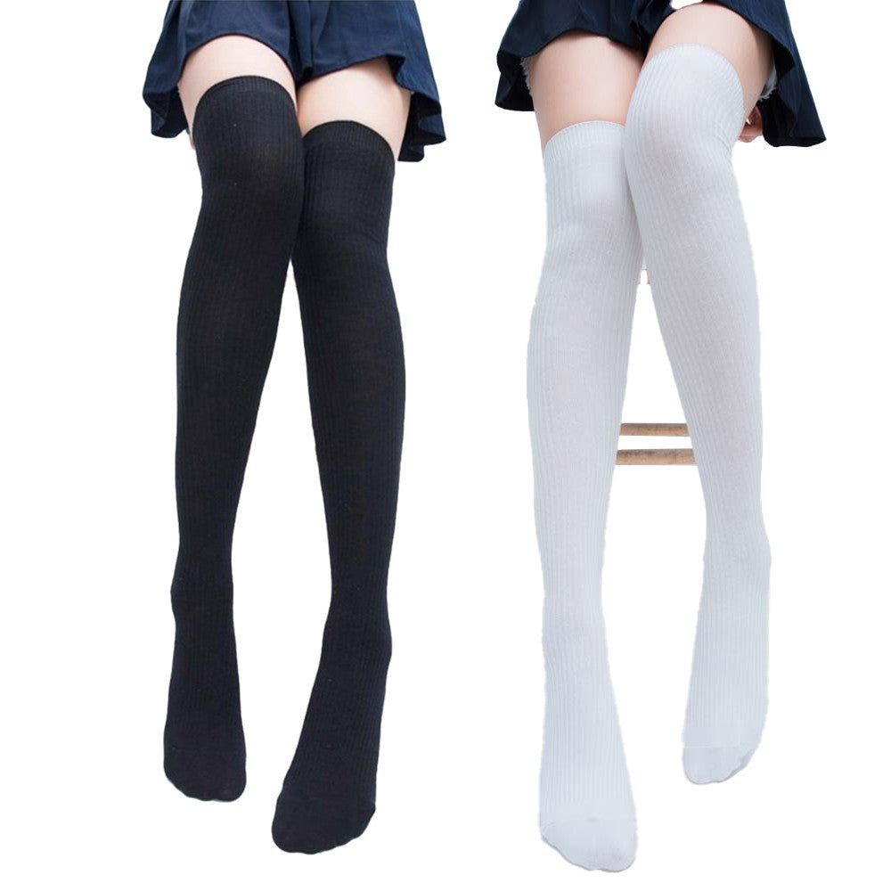 2 Pairs of 55cm Solid Over the Knee Knitted Socks Winter Long Socks Black and White
