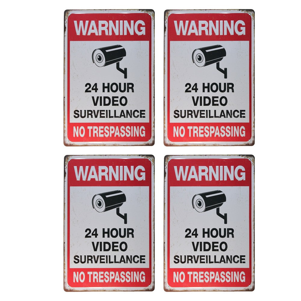 4Pcs 30x20cm 24 Hour Video Surveillance Sign Metal Warning Sign for Home Business CCTV Security Camera