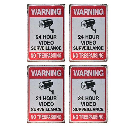 4Pcs 30x20cm 24 Hour Video Surveillance Sign Metal Warning Sign for Home Business CCTV Security Camera