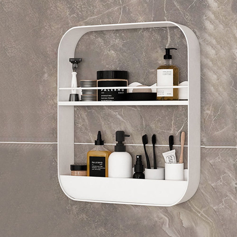 2-Tier Punch-Free Bathroom Wall Rack Wall-Mounted Cosmetics Storage Rack Hanging Shelves White