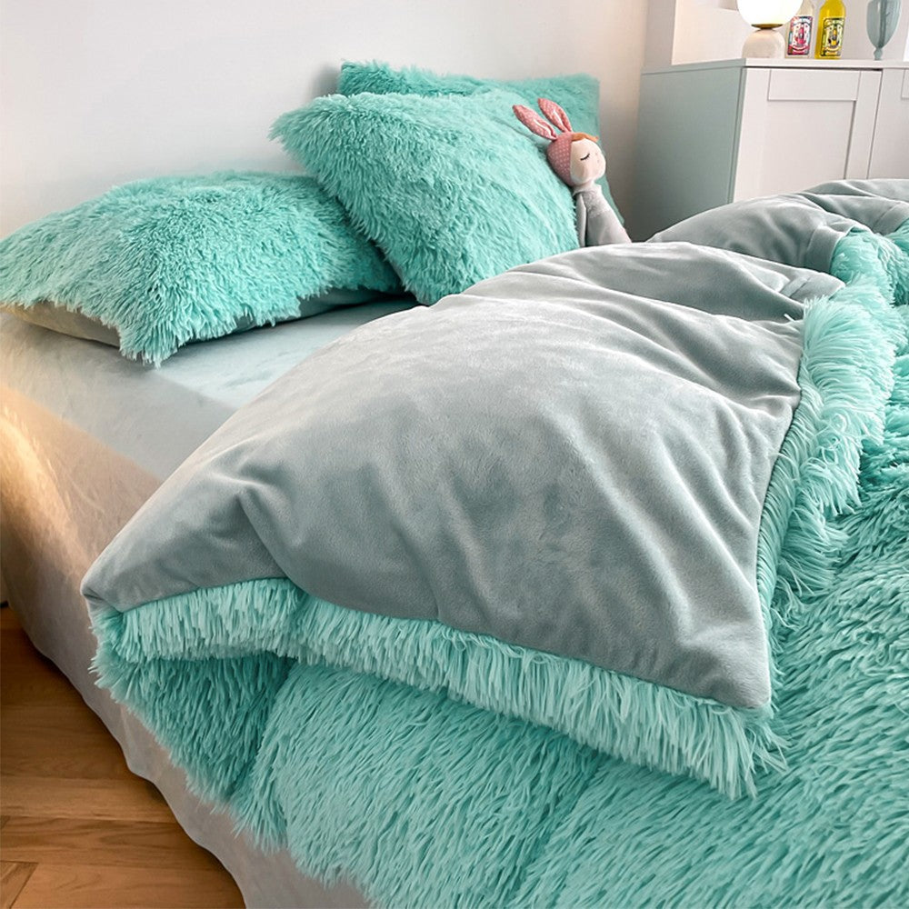For Double Plush Bedding Set Soft Fluffy Duvet Cover Quilt Covers Pillowcase Blue