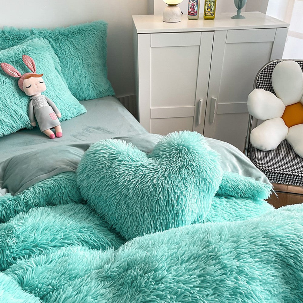 For Double Plush Bedding Set Soft Fluffy Duvet Cover Quilt Covers Pillowcase Blue