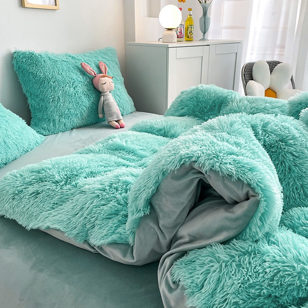 For Double Plush Bedding Set Soft Fluffy Duvet Cover Quilt Covers Pillowcase Blue