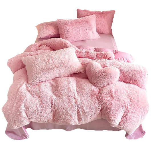 Queen Sized Plush Duvet Cover Pink Pillow Case Fluffy Quilt Cover Shaggy Bedding Set