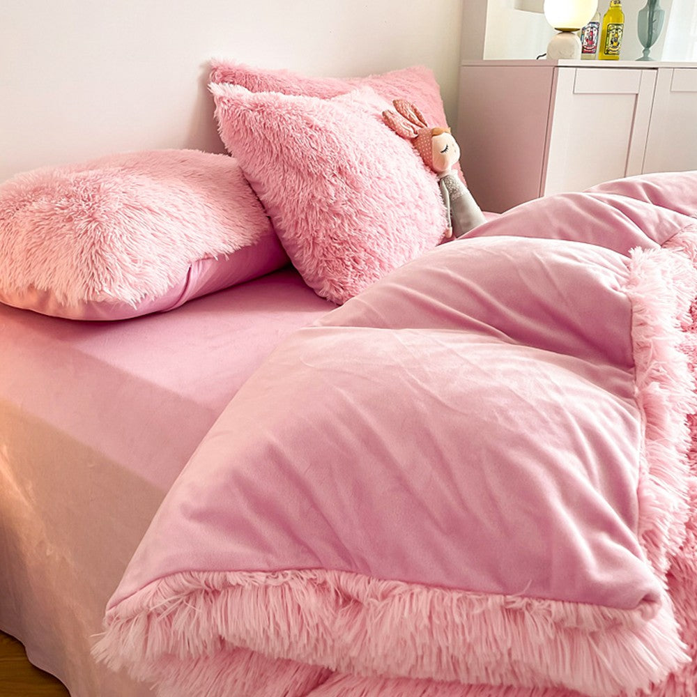 Queen Sized Plush Duvet Cover Pink Pillow Case Fluffy Quilt Cover Shaggy Bedding Set
