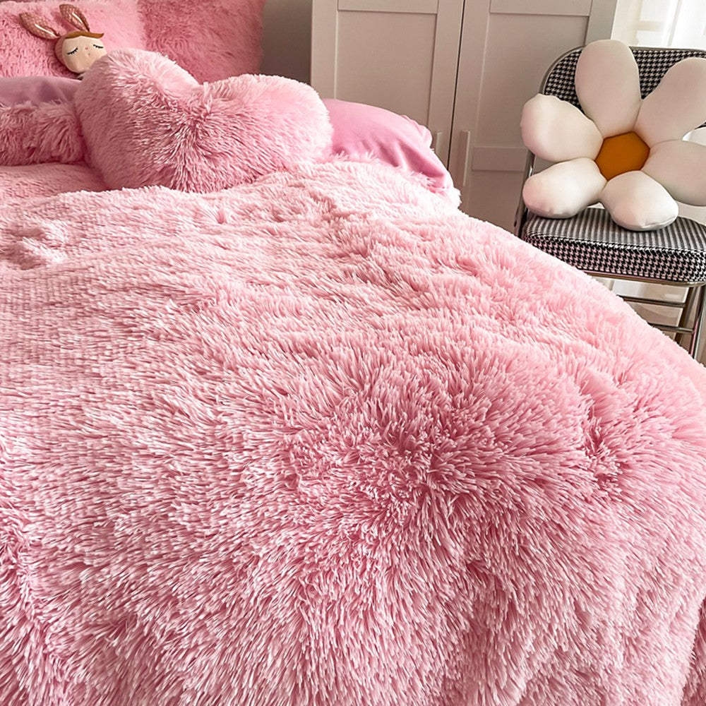Queen Sized Plush Duvet Cover Pink Pillow Case Fluffy Quilt Cover Shaggy Bedding Set