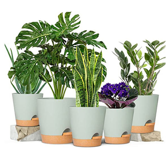 6Pcs Self Watering Pot Planters Garden Plastic Flower Pots with Drainage Hole Green