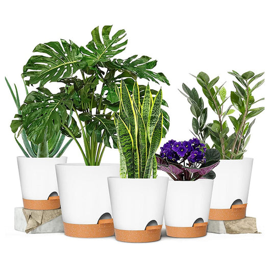 6Pcs Self Watering Pot Planters Garden Plastic Flower Pots with Drainage Hole White