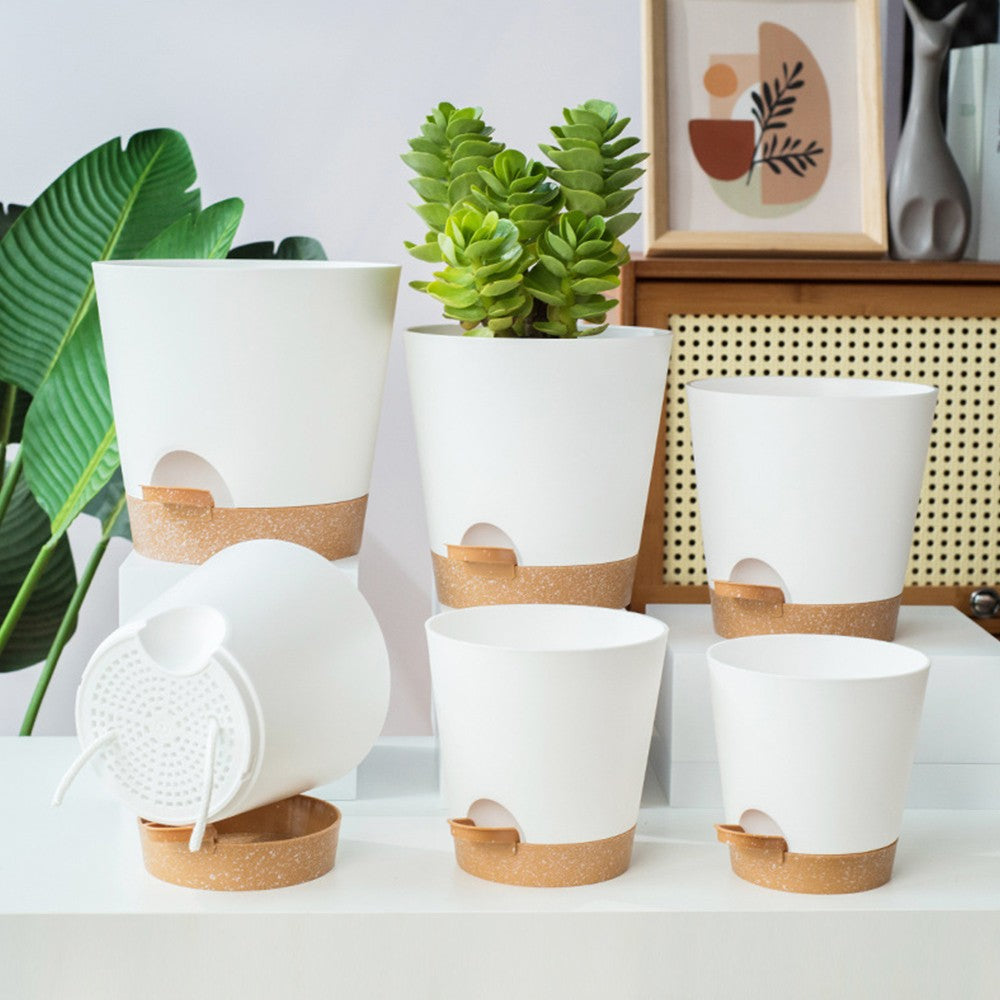 6Pcs Self Watering Pot Planters Garden Plastic Flower Pots with Drainage Hole White