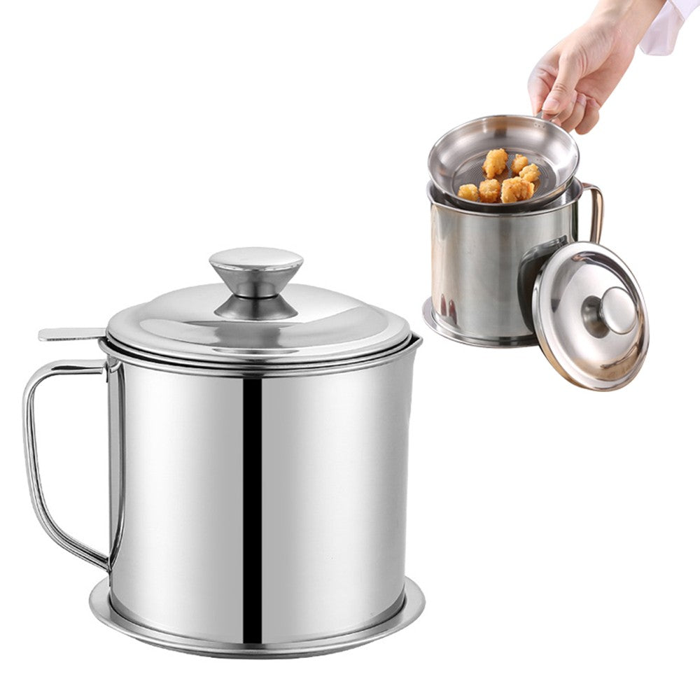 1.8L Stainless Steel Oil Filter Pot Bacon Grease Filter Can with Strainer Mesh Dust-proof Lid