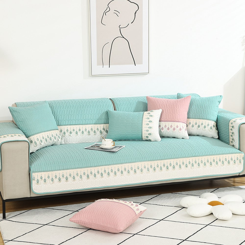 90x120cm Embroidery Sofa Seat Cushion Cover Anti-slip Couch Seat Slipcover Green